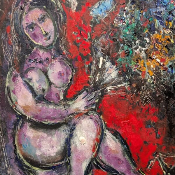 Expressives Ölgemälde einer sitzenden nackten Frau, die einen bunten Blumenstrauß vor rotem Hintergrund hält